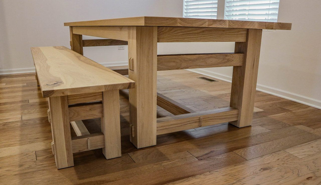 Woodridge four leg table 102x40x30 4.5 square 3.5 apron 1.5 overhang legs in 8 in cross brace connecting legs and braces double tenons solid ash thick top 1280x739