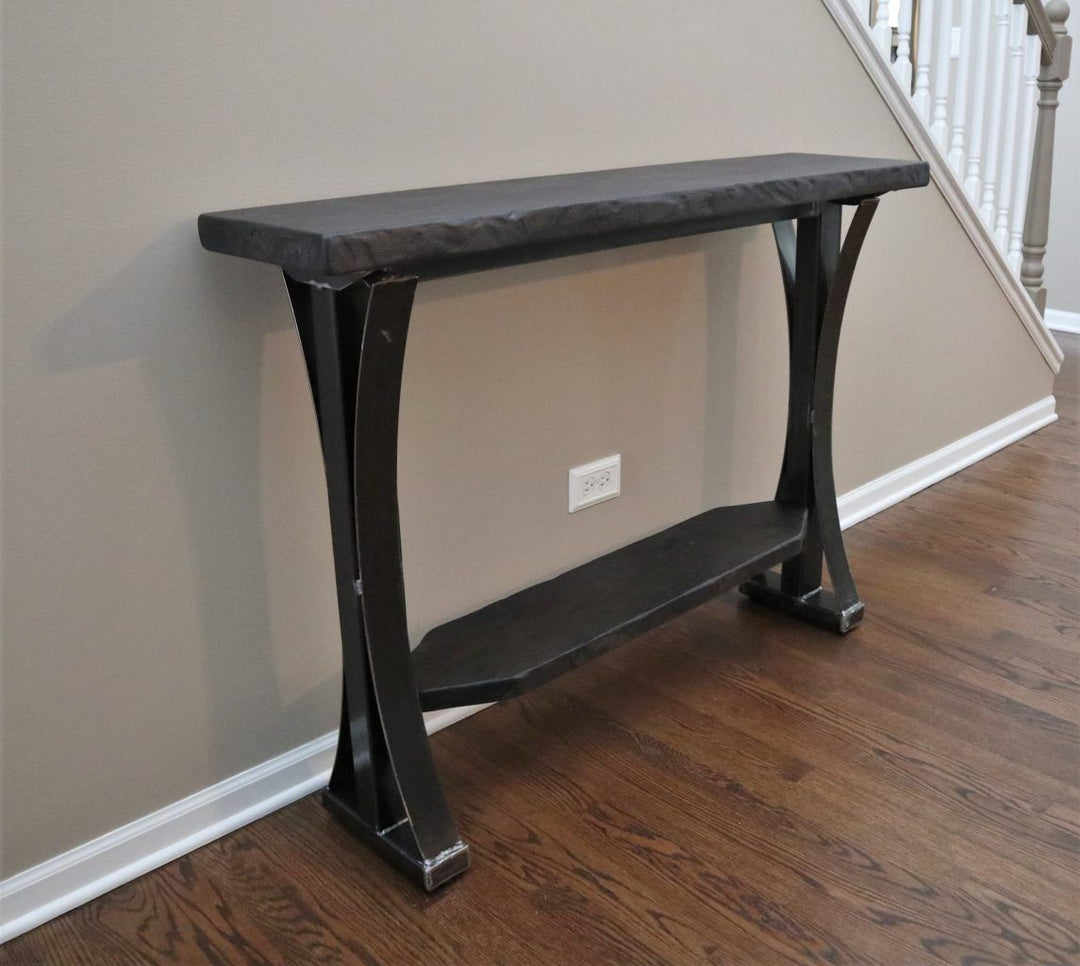 console-table-8-in-from-floor-open-shelf-on-bottom-hickory-top-heavy-distress-tumble-edge-no-grooves-black-espresso-flat-finish-steel-metal-base-with-grind