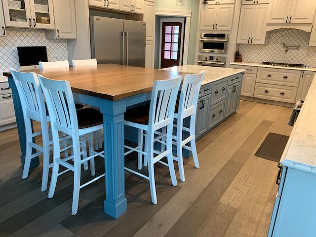 Custom four leg design 2 with trim solid hickory no distress top 50 50 provinicial trad brown base custom color